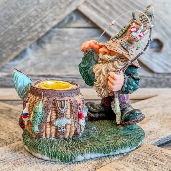 Vintage Hillbilly Gnome Gone Fishing, Resin Candlestick Holder, 4.5”H x 4.25”W - Picture 2 of 9